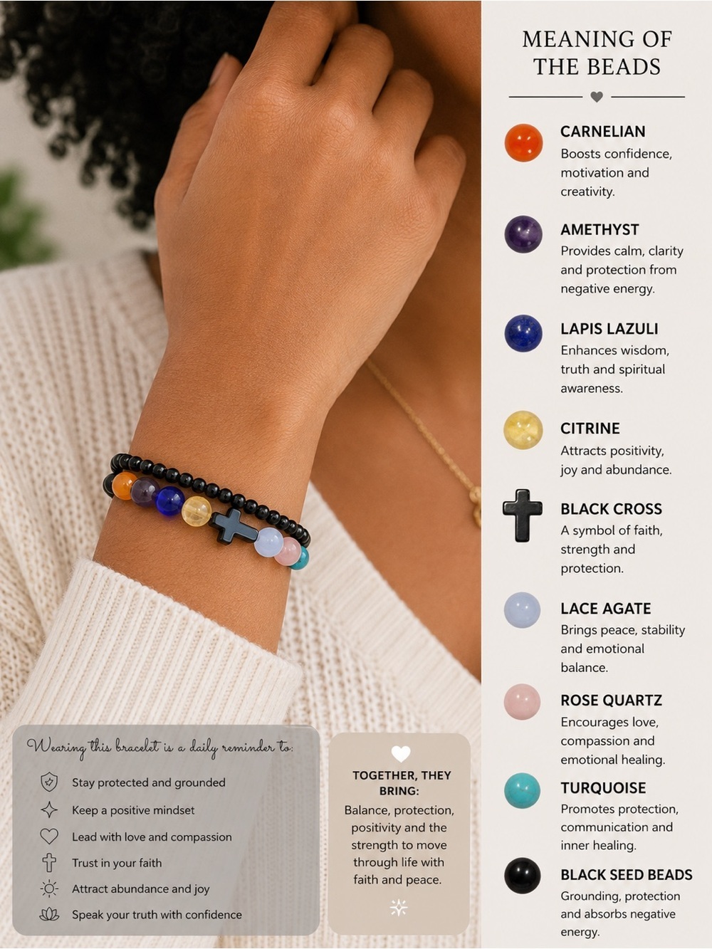 Multicolor Gemstone Beaded Bracelet with Black Cross Accent - Women